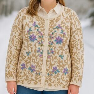Coldwater Creek Women's SZ 3X Damask-Patterned Floral Embroidered Cardigan